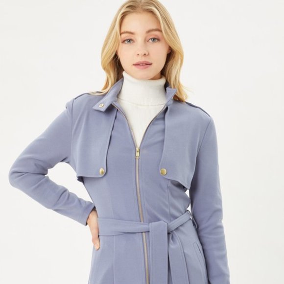 Zip Up Long Line Trench Coat Jacket, with Waist Belt, Blue - Picture 7 of 12
